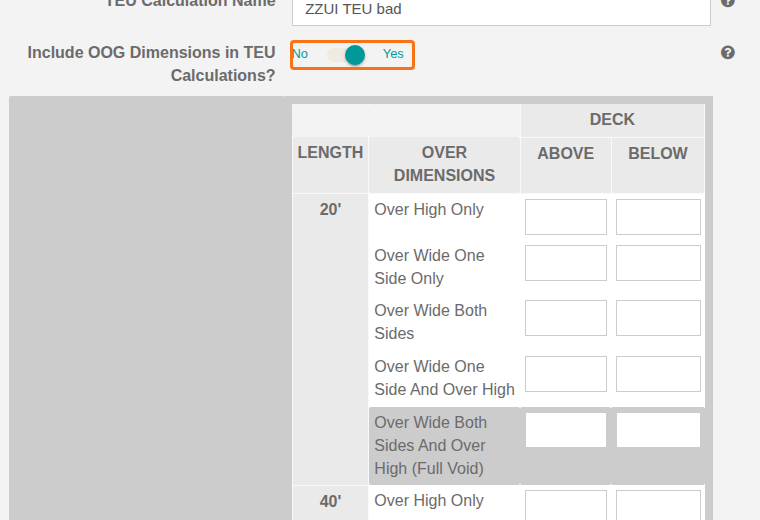 The TEU settings with the OOG dimensions switched on and the OOG dimension table shown