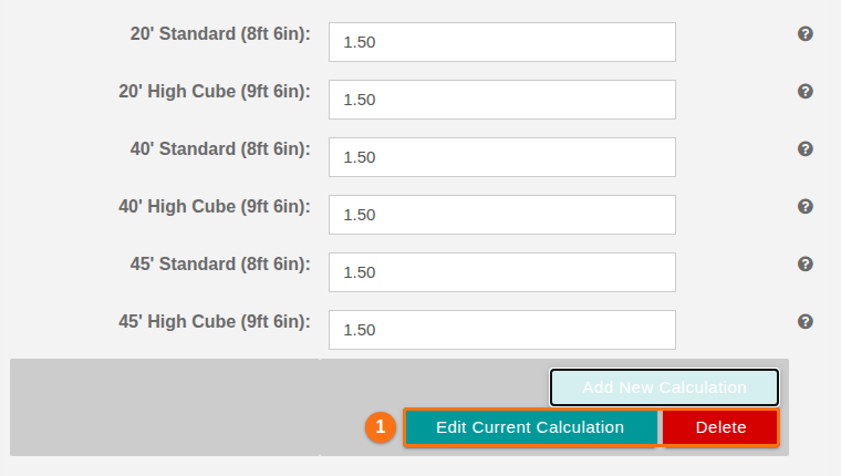 A saved TEU calculation loaded into the form with the Edit Current Calculation and Delete buttons