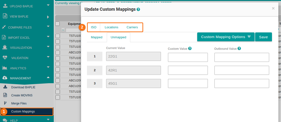Management section of the Function Menu with Custom Mappings highlighted and the Update Custom Mappings pop up showing the ISO, Locations and Carriers tabs