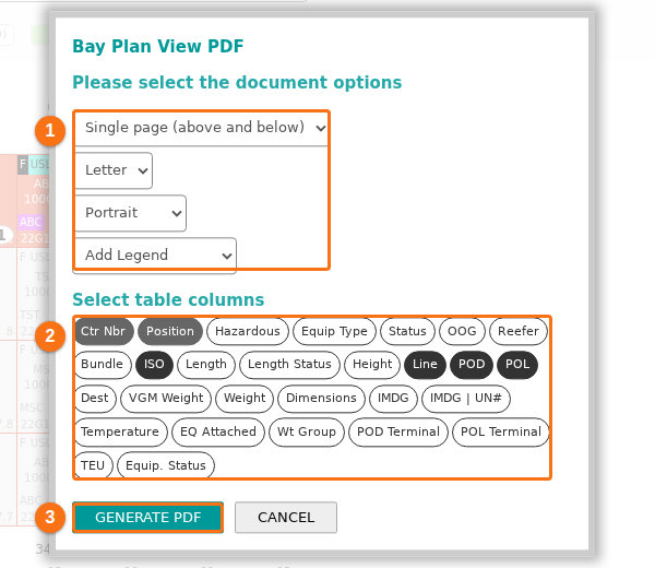 The Bay Plan View PDF window with the page, paper size, orientation and legend lists, the table column buttons, and the GENERATE PDF and CANCEL buttons