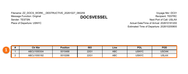 Page 2 of the PDF: a table with the number, container number, position, ISO code, line, POL and POD of the two selected containers