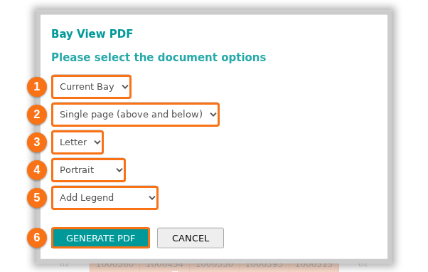 The Bay View PDF window with the five lists for the bays, the pages, the paper size, the paper orientation and the legend, and the Generate PDF button