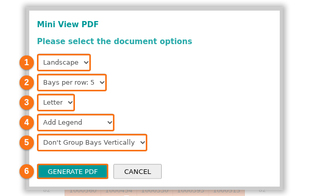 The Mini View PDF window with the lists for the paper orientation, the bays per row, the paper size, the legend and the grouping of bays, and the GENERATE PDF button