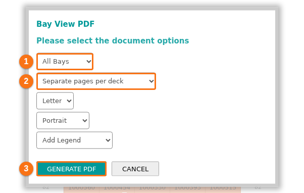 The Bay View PDF window with All Bays and Separate pages per deck chosen, and the GENERATE PDF button