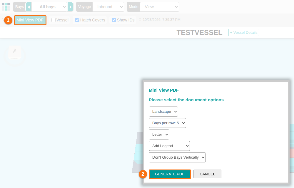 3D Vessel View with the Mini View PDF button highlighted and the PDF document options pop up open
