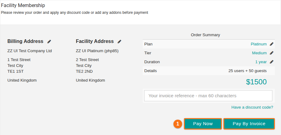 The membership order summary with the Pay By Invoice and Pay Now buttons