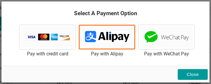 The Select A Payment Option dialog with Pay with Alipay highlighted