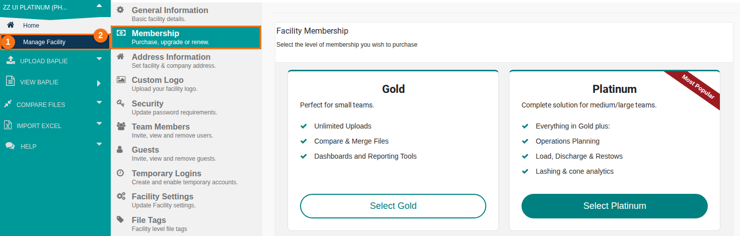 The Manage Facility page open on the Membership section, showing the Gold and Platinum plans
