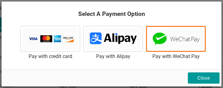 The Select A Payment Option dialog with Pay with WeChat Pay highlighted