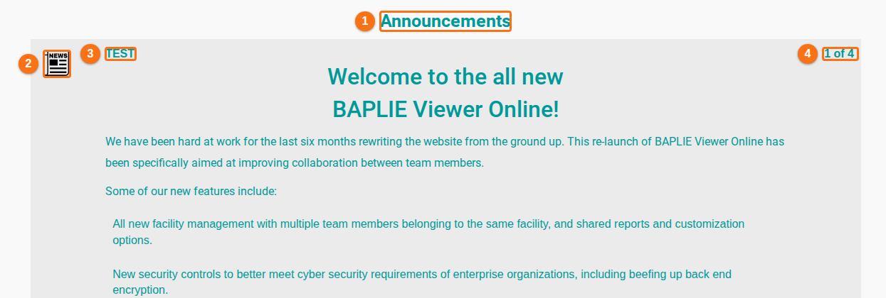 The Announcements page with the page title (1), the picture of an announcement (2), its title (3) and the counter 1 of 4 (4)