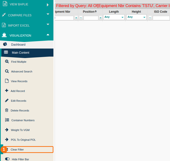 The Clear Filter option in the Function Menu with a column filter applied