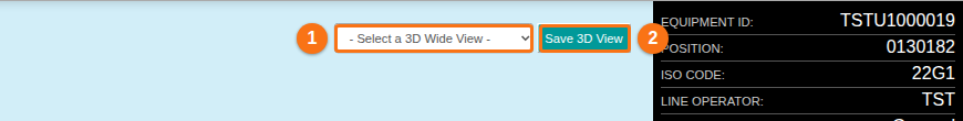 The top right of the 3D Vessel View with the list Select a 3D Wide View (1) and the Save 3D View button (2)