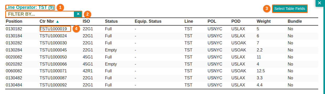 The list of containers for Line Operator TST with the filter box, the Select Table Fields button and the container rows