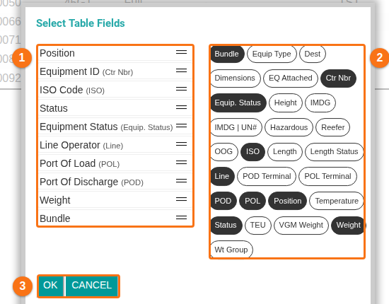 The Select Table Fields window with the list of chosen fields on the left, all fields on the right, and the OK and CANCEL buttons