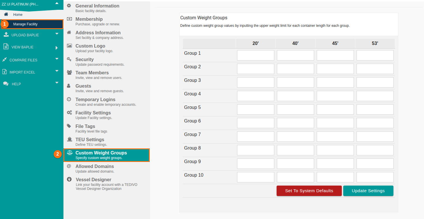 Manage Facility with the Custom Weight Groups tab open