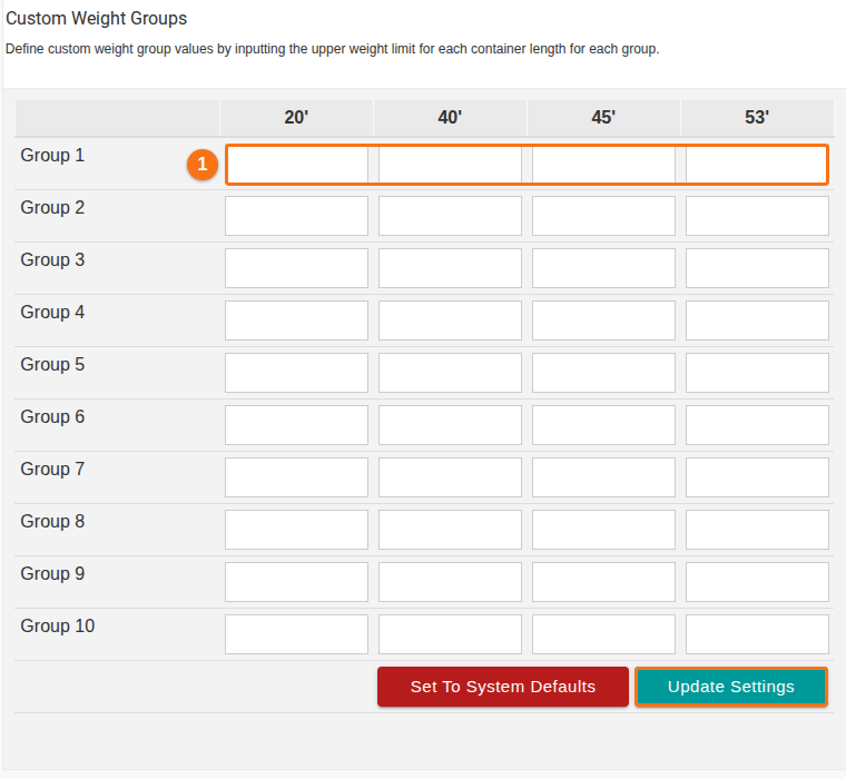 The Custom Weight Groups table with a row per group and a column per container length, and the Update Settings button