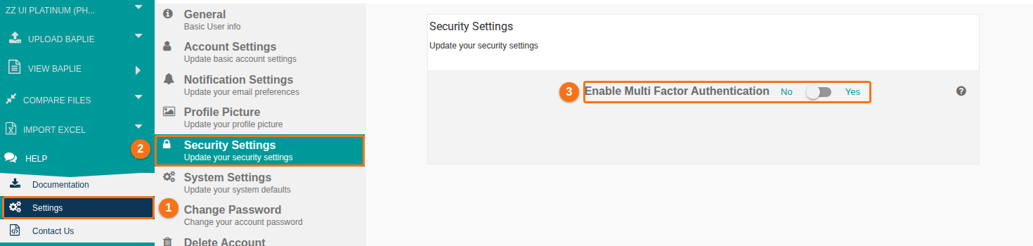 The Settings page with the Security Settings tab selected and the Enable Multi Factor Authentication switch set to No