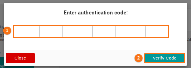 The Enter authentication code window with six empty boxes, the Close button and the Verify Code button