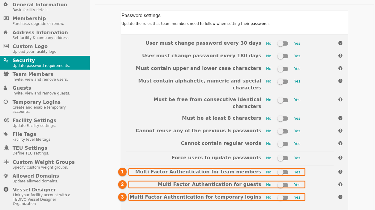 The Security tab of Manage Facility with the three Multi Factor Authentication switches for team members, guests and temporary logins at the bottom, all set to No