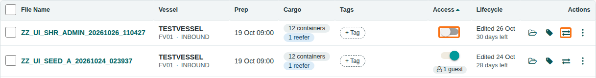 The file list with the Access toggle and the share with guests icon in the Actions column highlighted