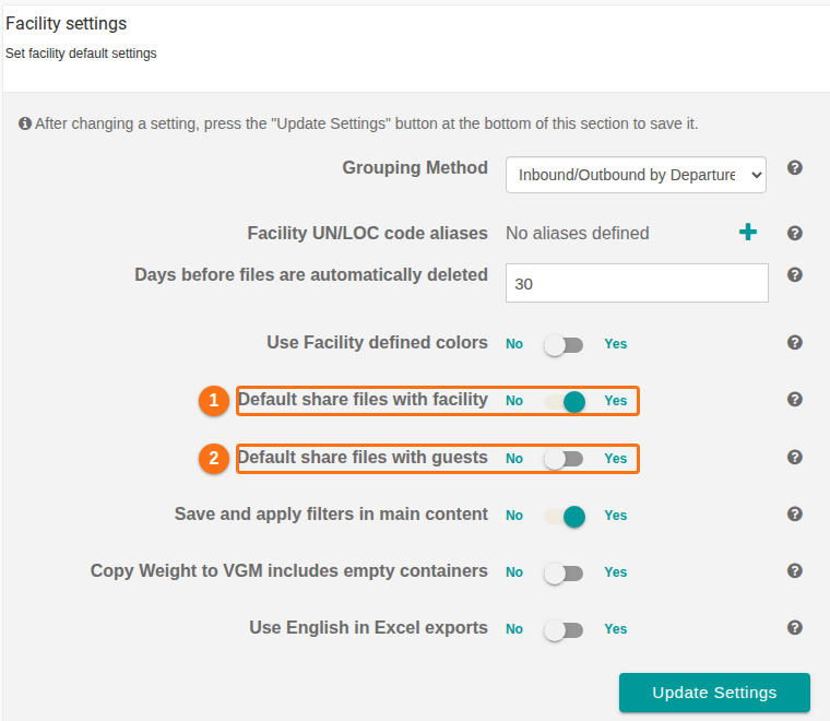 The Facility Settings page with the toggles for sharing new files with the facility and with guests highlighted