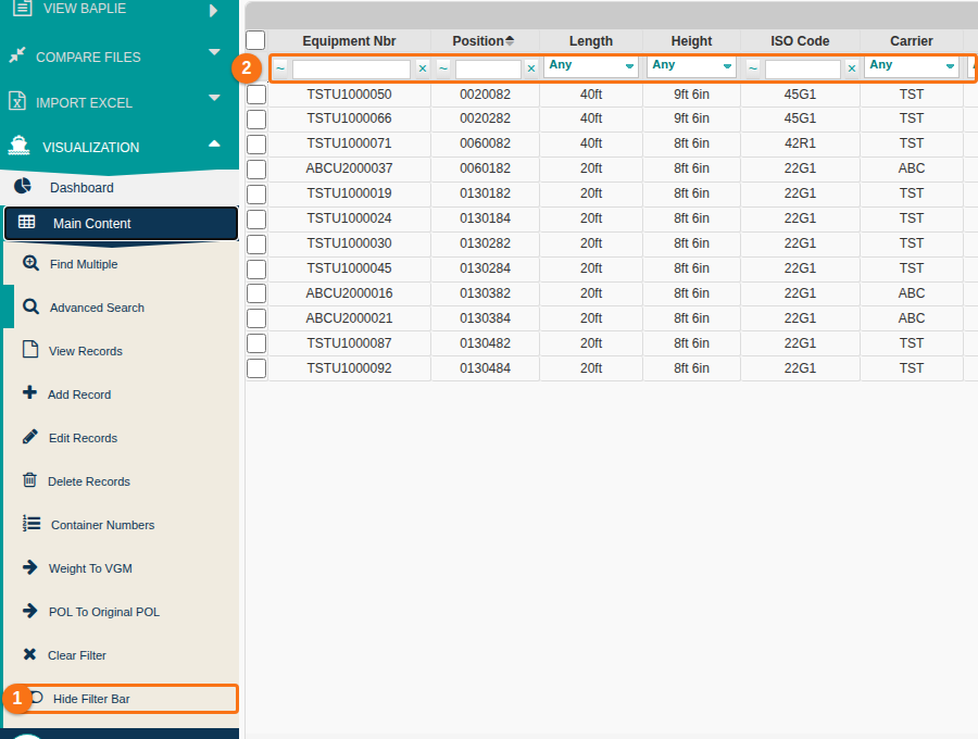Main Content screen with the filter bar shown above the table and the Hide Filter Bar option in the Function Menu