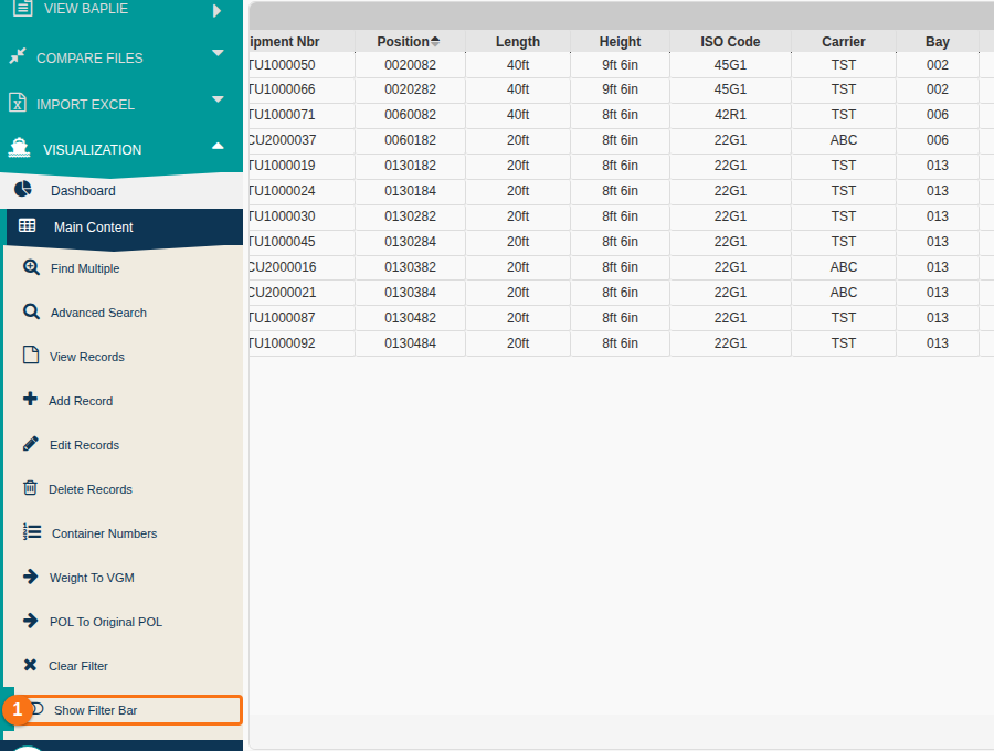 Main Content screen with the filter bar hidden and the Show Filter Bar option in the Function Menu