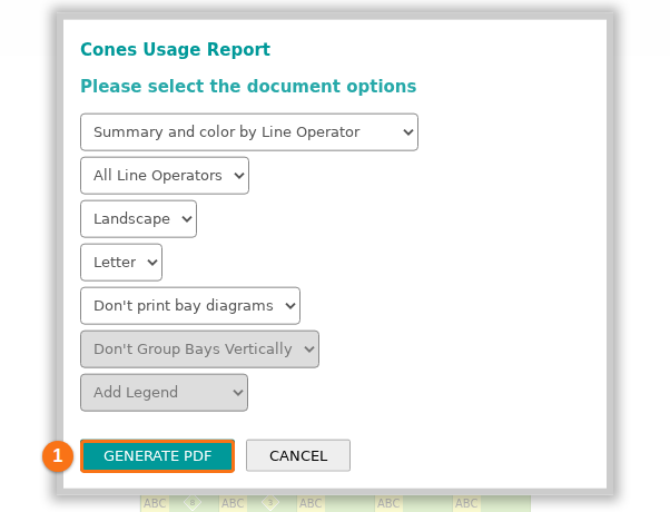 The Cones Usage Report window with the report options and the GENERATE PDF button