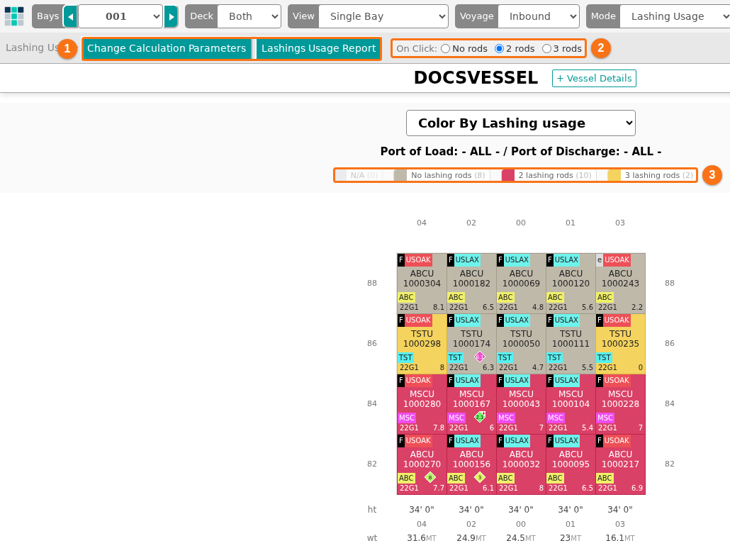 Bay 001 coloured by lashing usage with the two buttons, the On Click choices and the legend with the number of containers for each number of rods