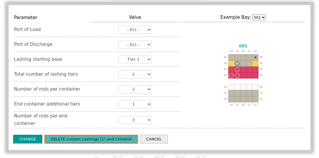 The lashing parameters window with the buttons CHANGE, DELETE custom Lashings (1) and CHANGE, and CANCEL