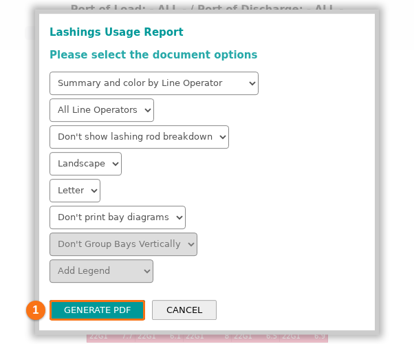 The Lashings Usage Report window with the report options and the GENERATE PDF button