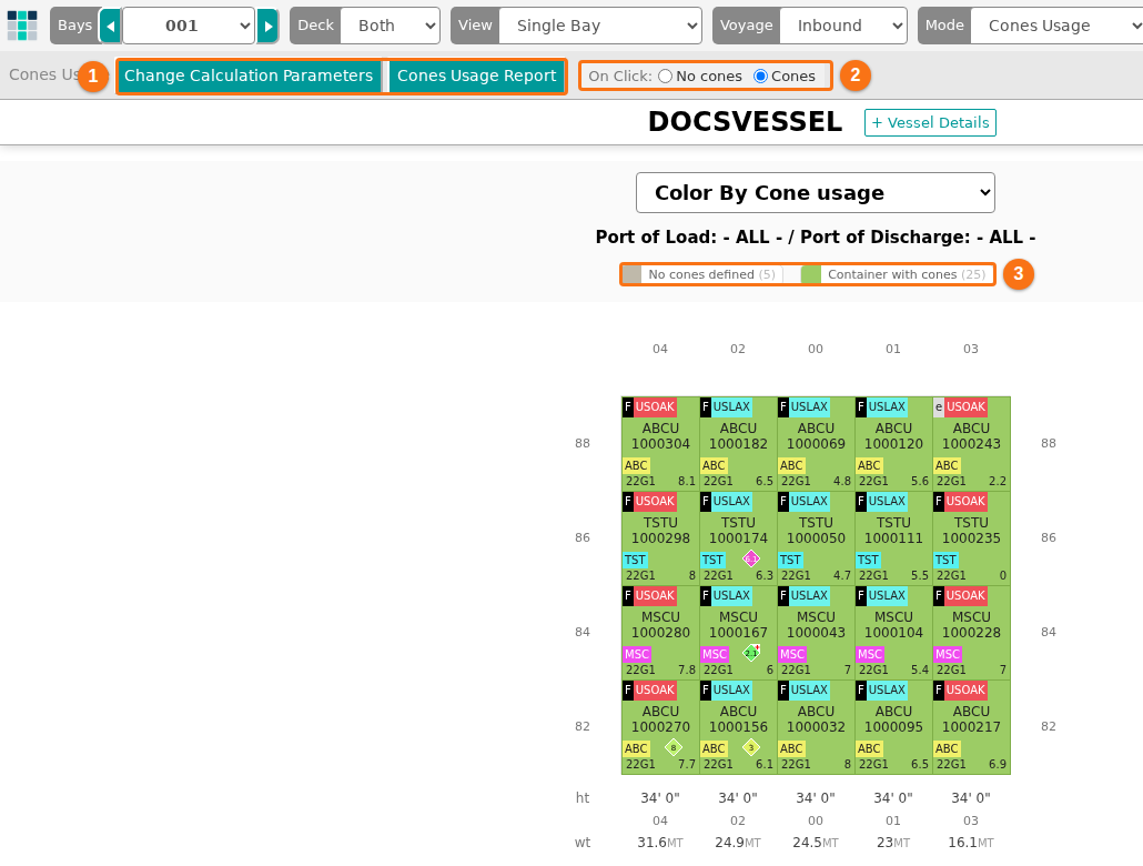 Bay 001 coloured by cone usage with the two buttons, the On Click choices and the legend for containers with and without cones