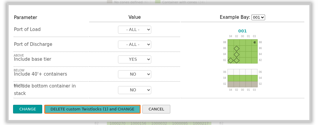 The cone parameters window with the buttons CHANGE, DELETE custom Twistlocks (1) and CHANGE, and CANCEL