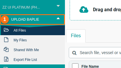 The Function Menu with Upload BAPLIE expanded to All Files, My Files, Shared With Me and Export File List