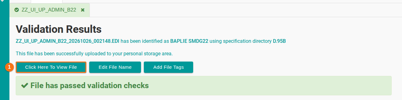 Validation Results for a file that passed validation checks, with the Click Here To View File button