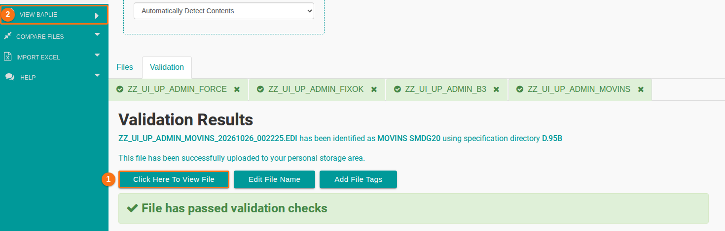 Validation Results for a MOVINS file that passed validation, with the Click Here To View File button and the View BAPLIE entry in the Function Menu