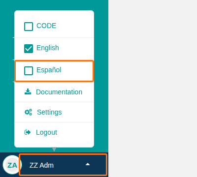 The user menu at the bottom left of the screen with the language options English and Espanol