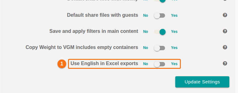 The Use English in Excel exports toggle in Facility Settings