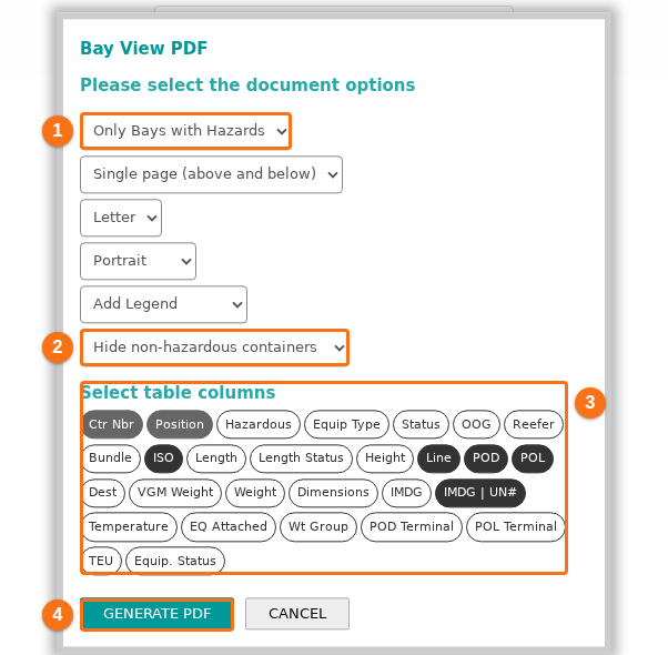 The Bay View PDF window with Only Bays with Hazards, Hide non-hazardous containers, the Select table columns buttons and the GENERATE PDF button