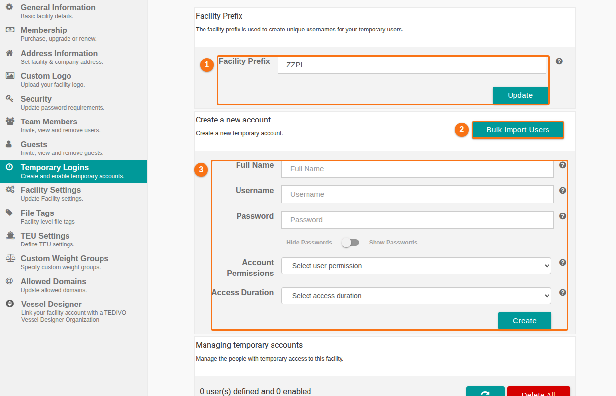 The Temporary Logins page with the facility prefix, the Bulk Import Users button and the form for creating a temporary account