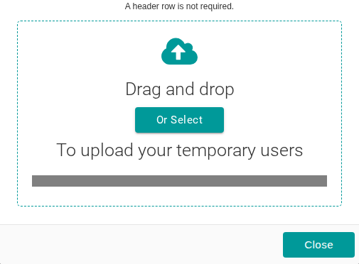 The Bulk Import Users pop up for temporary users with its drag and drop area for the CSV file