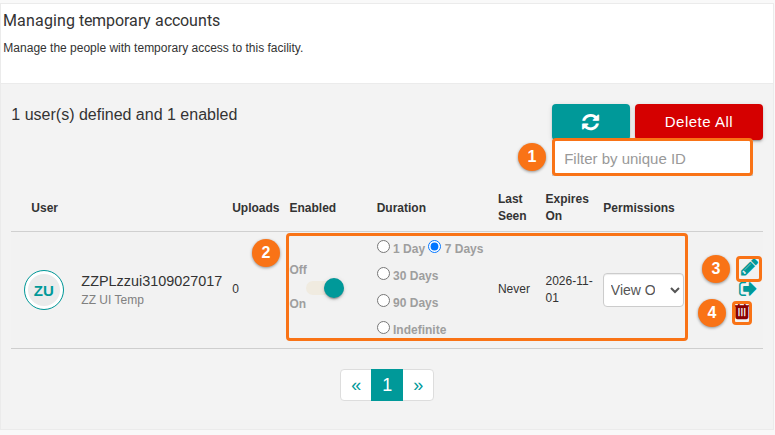 The Managing temporary accounts list with the filter box, enable switch, duration options, edit and delete icons, and the Delete All button