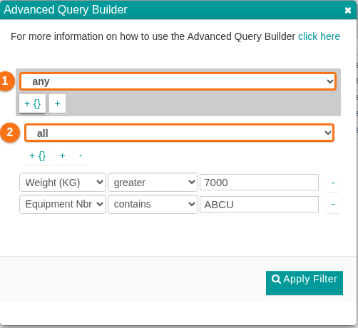 The Advanced Query Builder with an Any group containing an All group with two conditions