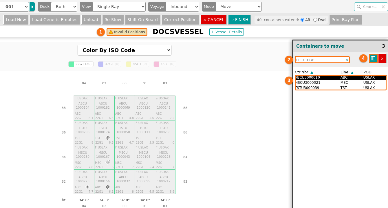 Move mode with the Invalid Positions button next to the vessel name and the three wrong-position containers in the Containers to Move list with the FILTER BY box above