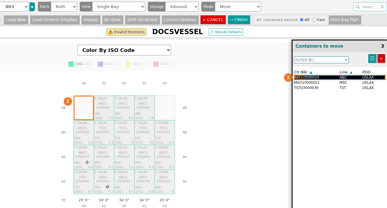 Bay 003 in Move mode with the first container selected in the list and two empty slots in the top tier of the bay