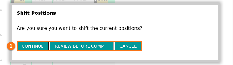 The Shift Positions window asking Are you sure you want to shift the current positions, with the CONTINUE, REVIEW BEFORE COMMIT and CANCEL buttons