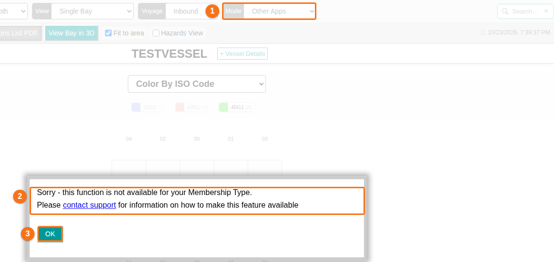The 2D Bay View with Other Apps chosen in the Mode list (1) and the window that says the function is not available for your Membership Type (2) with the OK button (3)