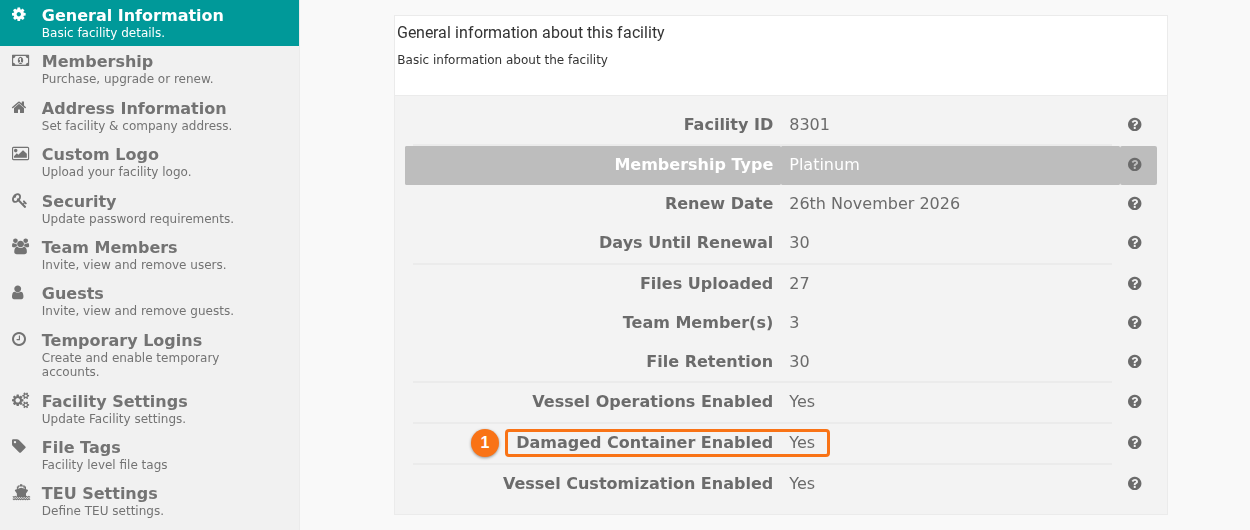 The General Information page of Manage Facility with the line Damaged Container Enabled highlighted. It shows Yes