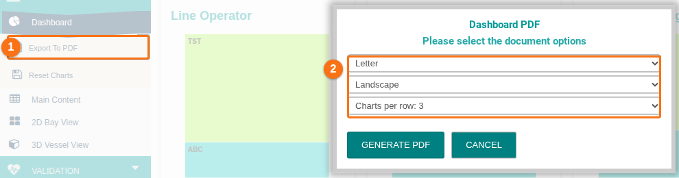 The Export To PDF option in the Function Menu and the Dashboard PDF pop up with paper size, orientation and charts per row