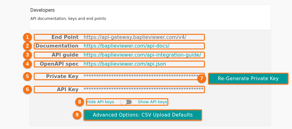 The Developers tab with the End Point, Documentation, API guide and OpenAPI spec rows, the hidden Private Key and API Key, the Re-Generate Private Key button, the Show API keys switch and the Advanced Options button